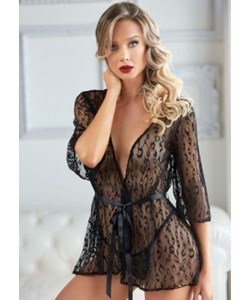 Leopard Lace Robe with String Black - One Size Plus